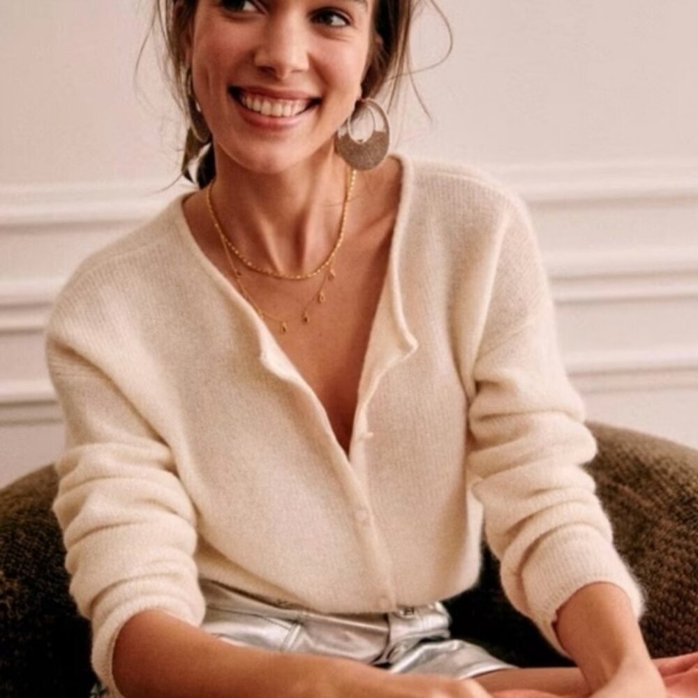 Sezane Gaspard Kid Mohair Alpaca Reversible Knit Sweater Ecru White Small Boho S